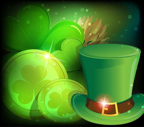 Leprechaun chapeau, trèfle et pièces d'or — Image vectorielle