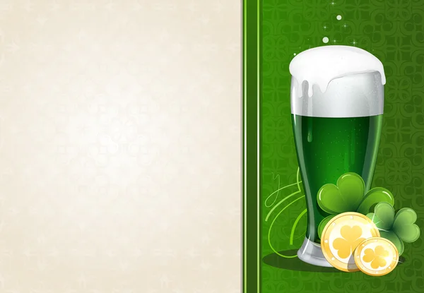 Groene bier met gouden munten en klaver — Stockvector