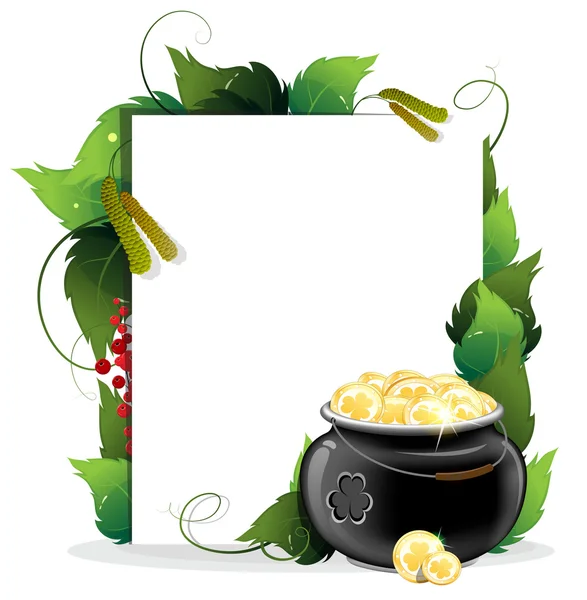 Pot de lutin et pièces d'or avec feuilles et papier — Image vectorielle