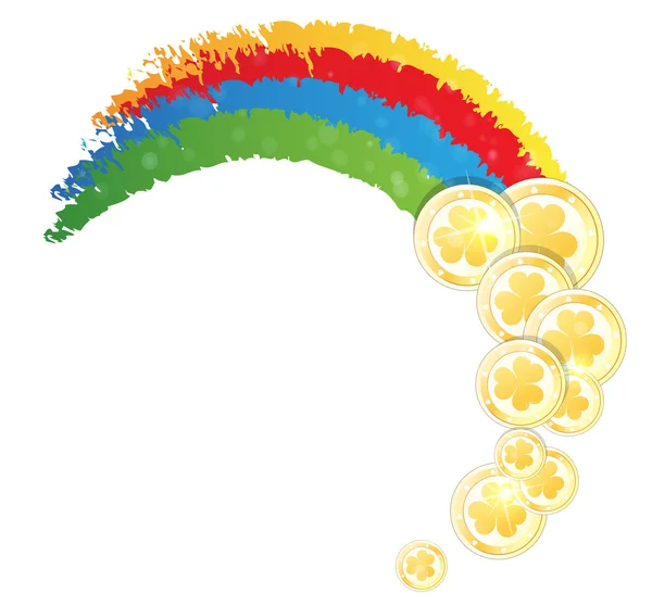 Arco iris y monedas de oro — Vector de stock