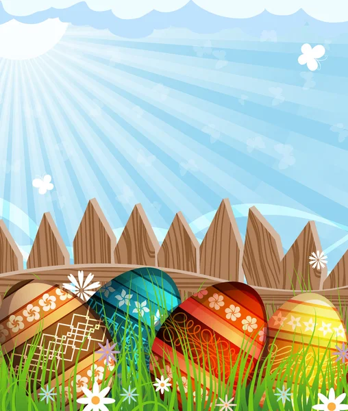 Easter eggs near a wooden fence in the meadow — Stock Vector
