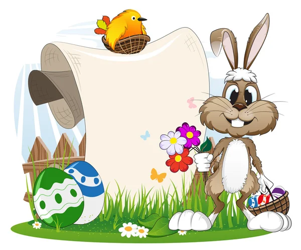 Bunny with flowers and Easter eggs — Stock Vector