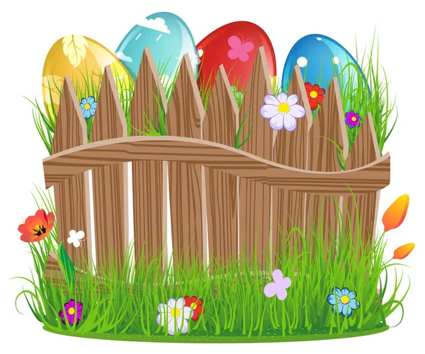 Easter eggs with grass and fence — Stock Vector