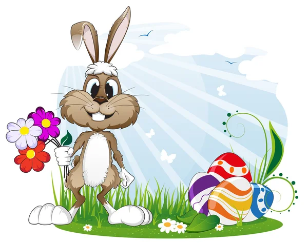 Кролик с пасхальными яйцами и цветами — стоковый вектор