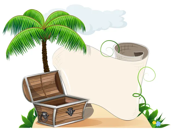 Тропический остров, пальмы и пиратский сундук — стоковый вектор