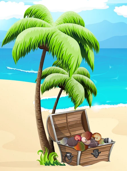 Pecho con conchas marinas en una playa tropical — Vector de stock