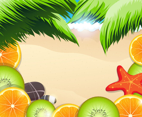 Тропические фруктовые ломтики на фоне морского побережья
