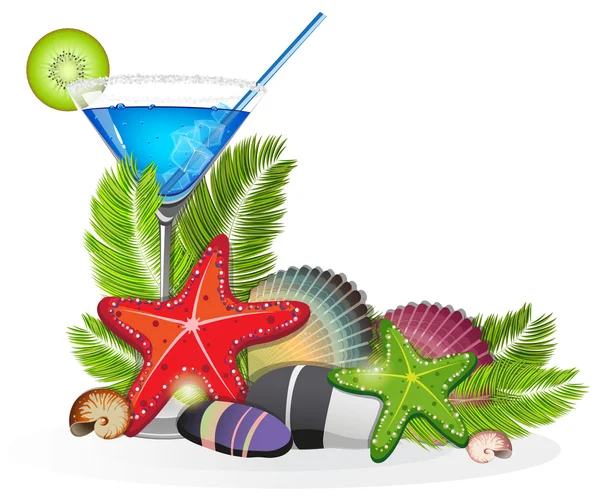 Tropische regeling met blue cocktail — Stockvector