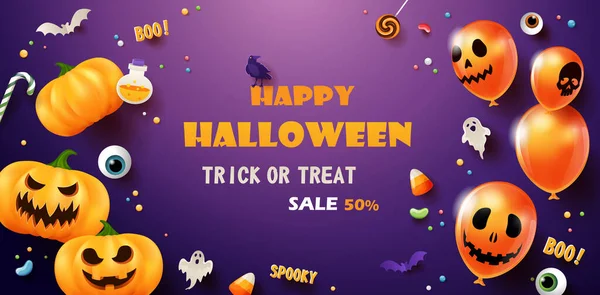 Happy Halloween Promocji Baner Strasznymi Balonami Halloween Uśmiechnięte Dynie Nietoperze — Wektor stockowy