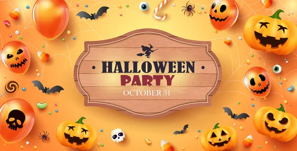 Flyer Invitation Fête Halloween Avec Des Ballons Effrayants Des Citrouilles — Image vectorielle