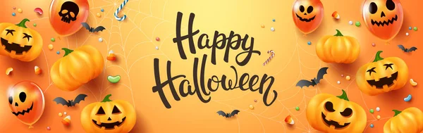 Happy Halloween Baner Promocyjny Balonami Duch Halloween Jack Latarnie Dynie — Wektor stockowy