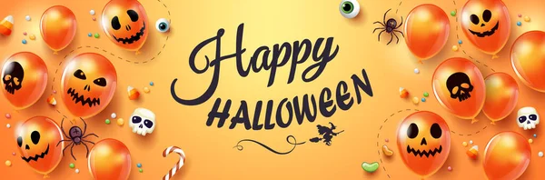 Plakat Promocyjny Halloween Balonami Duch Pająki Cukierki Halloween Straszne Czaszki — Wektor stockowy