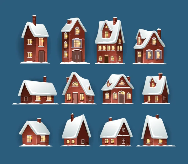 Acogedoras Casas Navidad Con Techos Cubiertos Nieve Set Diferentes Casas — Vector de stock