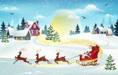 Noel Baba ve Ren Geyiği Noel Arkaplanında. Karla kaplı evler ve çam ormanlarıyla geçen kış Noel sahnesi. Tatil Vektörü Arkaplanı
