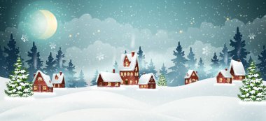 Kış çam ormanlı Noel köyü evleri. Noel tatil vektör illüstrasyonu