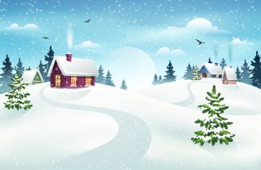 Akşam köyü kış manzarası karla kaplı evler ve Noel ağacı. Noel tatil vektör illüstrasyonu