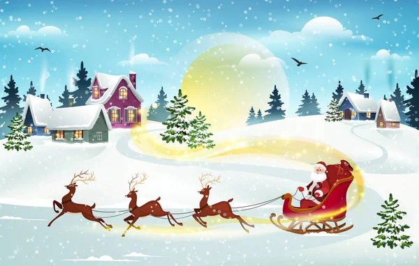 圣诞背景下的圣诞老人和驯鹿 冬天的圣诞场景 雪覆房屋 松林林立 假日病媒背景 — 图库矢量图片