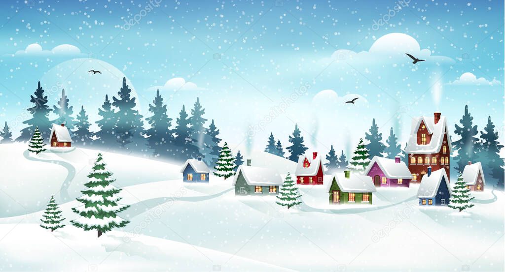 Winter village landscape with pine forest. Small fairy-tale houses covered with snow. Christmas holidays vector illustration