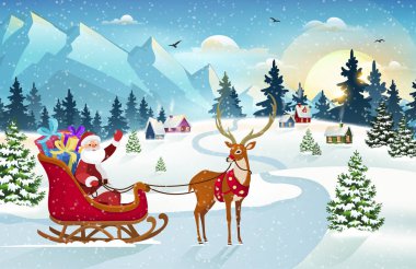 Noel Baba ve Ren Geyiği Noel Arkaplanında. Karla kaplı evler, dağ ve çam ormanlarıyla geçen kış Noel sahnesi. Tatil Vektörü Arkaplanı