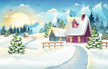Karla kaplı evler ve dağlarla kaplı sabah köyü kış manzarası. Noel tatil vektör illüstrasyonu