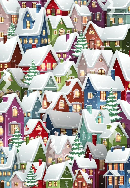 冬天的城市 有许多五彩缤纷的冰雪覆盖的房子 圣诞节的背景 矢量说明 — 图库矢量图片