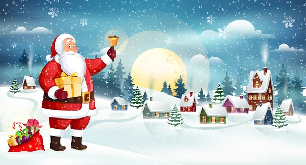Babbo Natale Con Una Campana Sacchetto Regali Sullo Sfondo Paesaggio — Vettoriale Stock