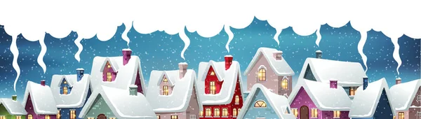 Snow Covered Roofs Houses Glowing Windows Smoke Pipes Winter Christmas — Stock Vector