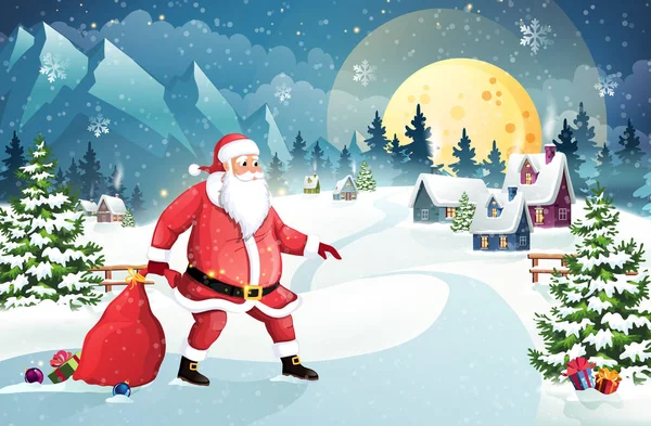 圣诞老人带着一袋礼物在一个冬季村庄的背景下 冬季的圣诞场景 雪覆房屋 高山和松树林 假日病媒背景 — 图库矢量图片