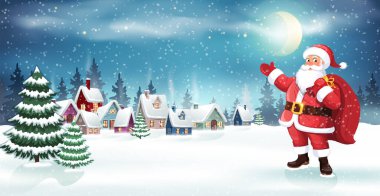 Noel Baba, karla kaplı evleri olan bir köyün arka planında Noel ağacının yanında hediyelerle bekliyor. Kış Noel sahne vektör illüstrasyonu 