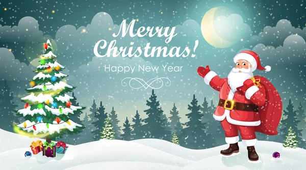 크리스마스 산타는 눈덮인 배경에 크리스마스 근처에 가방을 가지고 크리스마스 일러스트 — 스톡 벡터