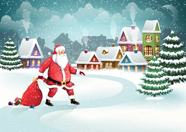 Babbo Natale Con Una Borsa Regali Sullo Sfondo Villaggio Invernale — Vettoriale Stock