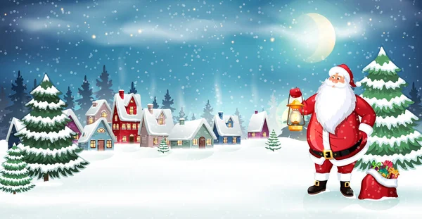 圣诞老人带着灯笼和一袋礼物来到了圣诞树旁的一个村庄 那里的房子被雪覆盖着 冬季圣诞场景矢量图解 — 图库矢量图片