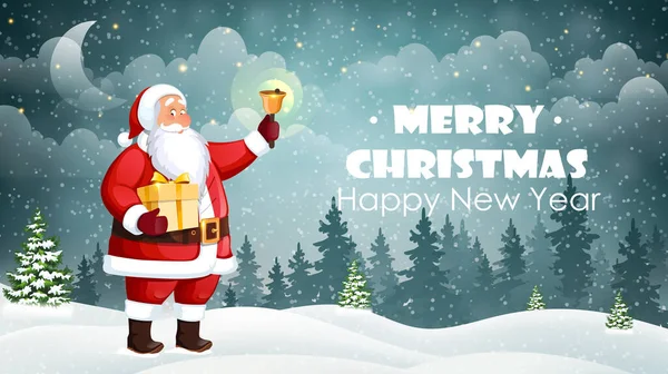 Paysage Noël Hiver Santa Tenant Boîte Cadeau Cloche Sur Fond — Image vectorielle
