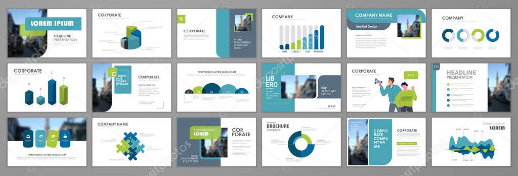 Business presentation infographic elements template set. Keynote presentation background, slide templates design, website ideas, brochure cover design, landing page, annual report brochure. Vector Illustration