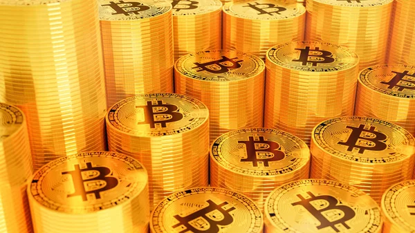 Gold Bitcoin Stacks Selective Focus Cryptocurrency Virtual Money Blockchain Technology — Stock Photo, Image