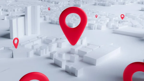 Red pin location on the white layout of a modern city. Locator mark icon sign or navigation symbol with building. 3D rendering.