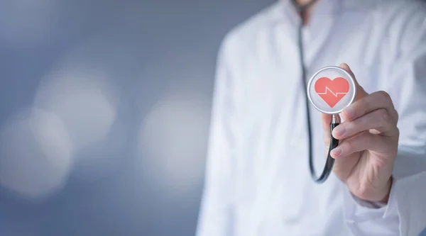 Heart on stethoscope. Cardiologist doctor examine patient of cardiovascular system. Medical technology and heart functions and blood vessel concept. Healthcare treatment to diagnose heart disorders.