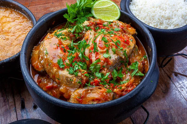 Moqueca Fisch Traditionelles Gericht Der Brasilianischen Küche Reis Und Brei — Stockfoto