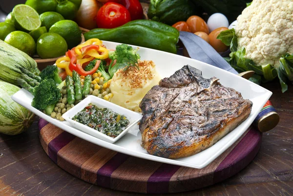 Bone Steak Potato Salad Vegetables — Stock Photo, Image