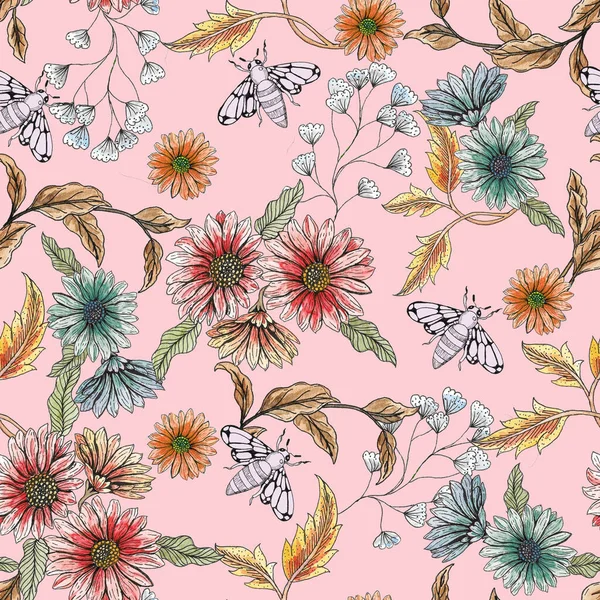 Hand Painted Water Color Floral Seamless Pattern Design — Stok fotoğraf