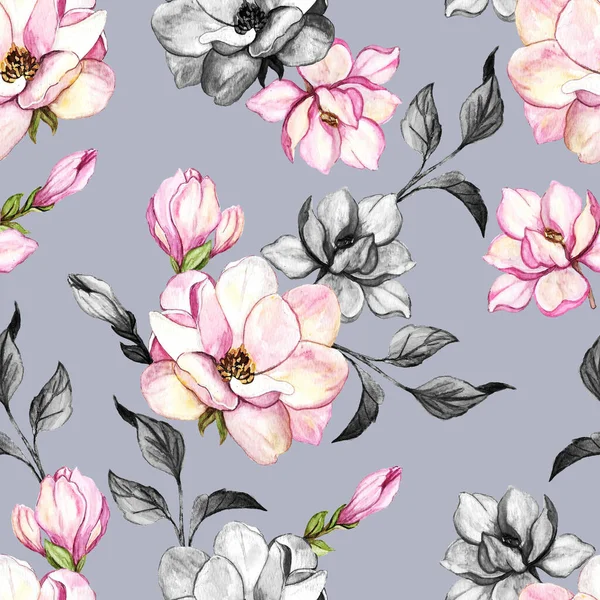 Hand drawn pink magnolia flowers pattern for wallpaper, textile, surface, fashion, background, tile, stationary, home decor, furnishing etc.
