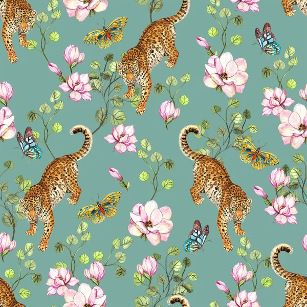 Ручной Рисунок Леопарда Цветы Узор Дизайн Акварели Обоев Текстиля Поверхности — стоковое фото