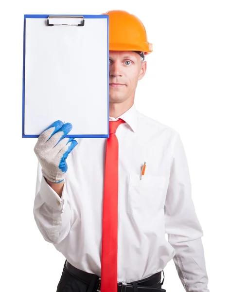 Worker in the helmet shows a sign — Stock Photo, Image