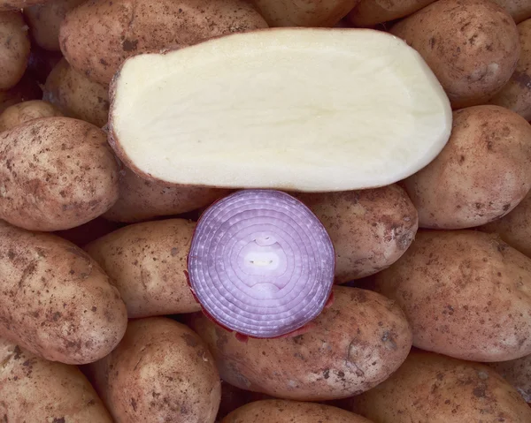 Cebolla y patatas, antecedentes alimentarios —  Fotos de Stock