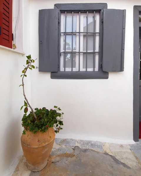 Huis gevel met grijze luiken venster en bloempotten — Stockfoto