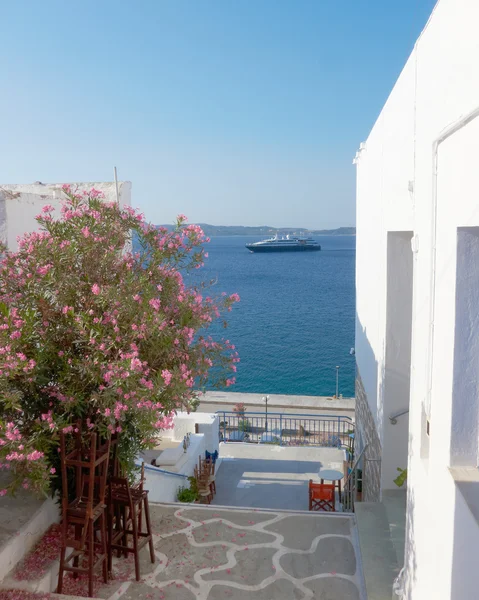 Kreuzer und Bougainvillea auf einer griechischen Insel — Stockfoto