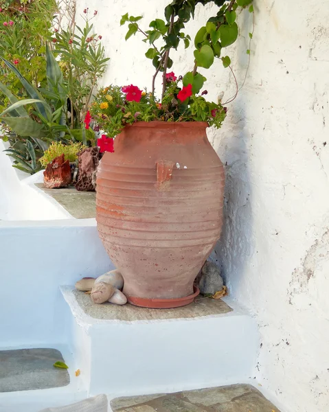Grote keramische pot met rode bloemen — Stockfoto