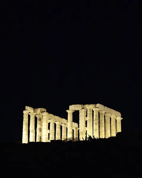 Tempel van Poseidon bij Kaap sounion, Nachtscène — Stockfoto