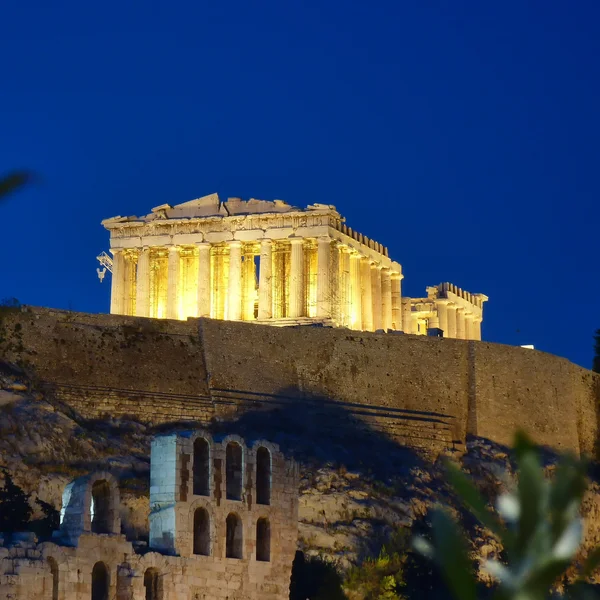 Parthenon upplyst, Akropolis i Aten, Grekland Royaltyfria Stockfoton
