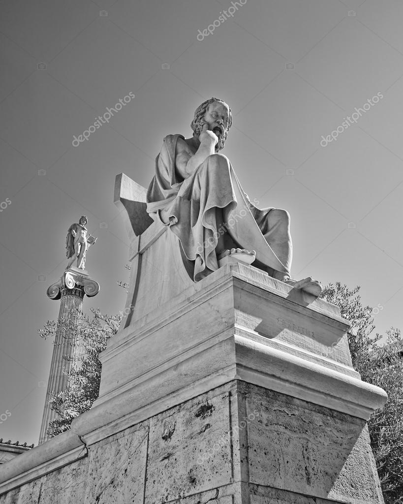 Socrates, the ancient Greek philosopher and Apollo, marble statues